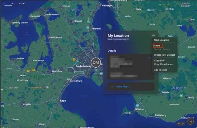 Wählen Sie „Teilen“ | „Standort vom MacBook teilen“