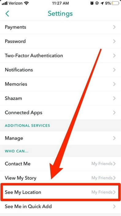 Snapchatで自分の位置情報を表示を選択 | Snapchatで位置情報の共有を停止
