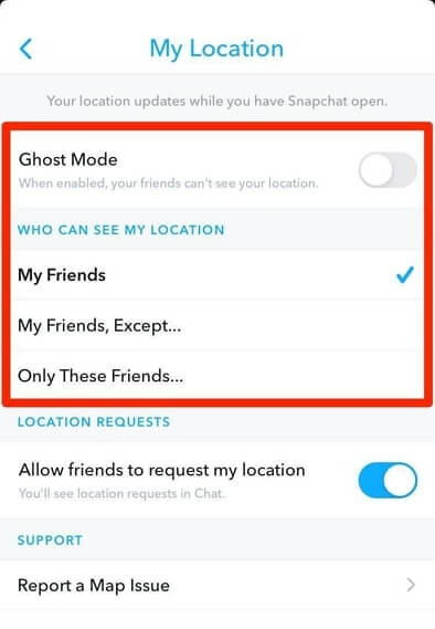「友達」をタップし、「Snapchat以外」オプションをタップします | Snapchatで位置情報の共有を停止します