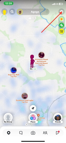 在 Snap Map 中選擇設定 |在 Snapchat 上更改位置
