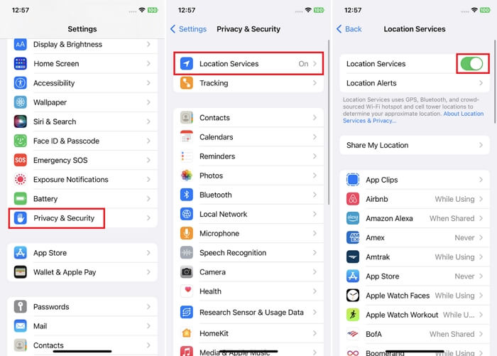 select Location Services | Change Location on iPad